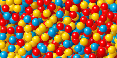 Bright plastic balls in a childrens dry pool for games in the form of a seamless pattern. Abstract bg with red, yellow and blue sweet candy gumballs or dragees. Vector illustration