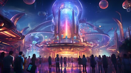 Attend a futuristic amusement park tugether party with AI-generated rides, holographic attractions, and high-tech entertainment in a celebration of futuristic fun