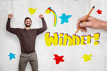 Man celebrating with 'Winner' and stars drawing