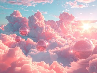 a beautiful sky with clouds with a few ice cream balls, pastel pink tones - obrazy, fototapety, plakaty