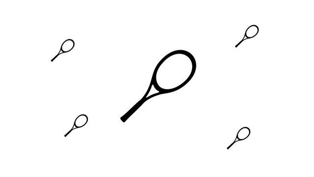 Zoom in and out animation the tennis racket symbol. Large black symbol in the center and four small symbols around. Seamless looped 4k animation on white background