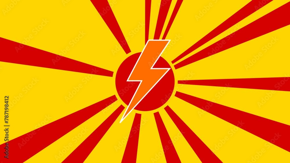Poster lightning symbol on the background of animation from moving rays of the sun. large orange symbol inc