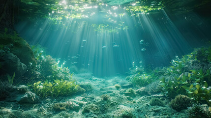 Obraz premium underwater paradise: a serene and mystical underwater landscape with sunbeams piercing through the water illuminating the aquatic plants
