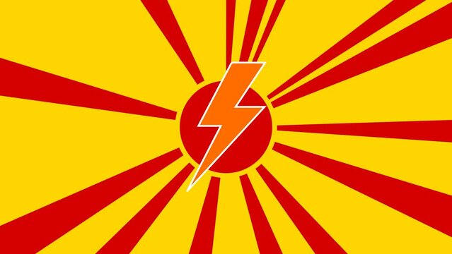 Lightning symbol on the background of animation from moving rays of the sun. Large orange symbol increases slightly. Seamless looped 4k animation on yellow background