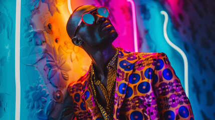 Bold patterns and bright colors adorn the outfit of this fashionable black man as he poses against a neonlit background showcasing the intersection of past and future in a single look. . - obrazy, fototapety, plakaty