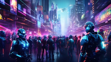 Attend a futuristic cyber tugether party where AI-generated robots and cyborgs dance to electronic music in a neon-lit cityscape