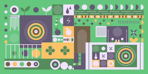 Geometrical abstract shapes for decoration create a seamless pattern. Fruit, energy, water, squares, and flower shapes create a geometric illustration. Colorful vector design. Modern background.