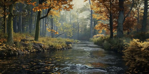 The peaceful flow of a river framed by vibrant autumn foliage, enveloping the scene in a soft mist - obrazy, fototapety, plakaty