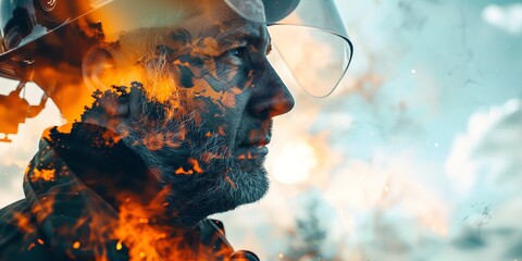 double exposure of a father hardworking in the fireman, fathers day, aspect ratio 2:1 - obrazy, fototapety, plakaty