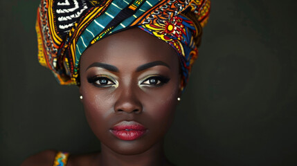 A striking black woman stares confidently into the camera her colorful headwrap featuring symbolic tribal designs and patterns. She wears a modern asymmetrical dress with tribalinspired . - obrazy, fototapety, plakaty