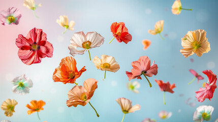 Spring flowers background with colorful flowers and petals flying through the air against a blue background. Web banner with copyspace advertising inspired