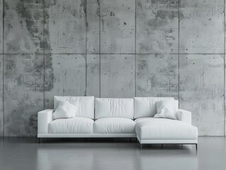 White sofa against concrete paneling wall. Minimalist, loft urban home interior design of modern living room. 