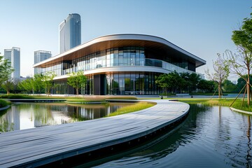 A building with a wooden walkway next to a body of water with a boat in front of it and a city in - Powered by Adobe