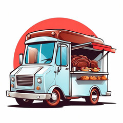 Food trucks cartoon cars and vans for street food selling. Cafe restaurant on wheels, transportation with fastfood chalkboard menu, pizza, ice cream, pop corn and coffee or juice trucks