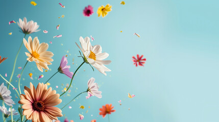Colorful bouquet of wildflowers floating in the air on light blue background, with petals flying away. Spring concept banner for website or presentation 