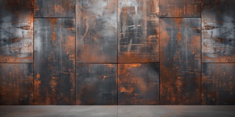 This vivid image captures the essence of decay on a metal wall, featuring a rustic and weathered texture with orange rust patches - obrazy, fototapety, plakaty