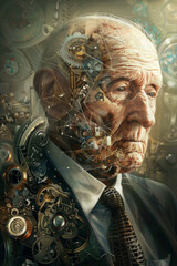 An old man with part of his face is transparent and showing the machine inside his head