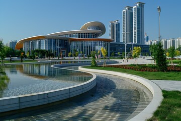A building with a curved walkway next to a body of water in front of it and a city in the