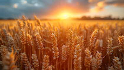 Wheat field at sunset with golden hues and sunburst. Agriculture and harvest concept. Design for farming and food industry materials, agricultural education, and environmental sustainability campaigns - obrazy, fototapety, plakaty