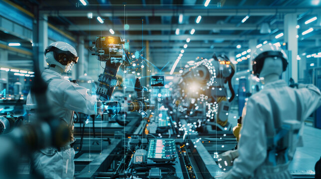 A captivating view of engineers assembling machinery with AR technology