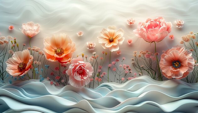 3D image of a field of roses Tulips and more Many beautiful varieties, soft pastel tones. generative ai