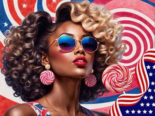 Beautiful young woman in sunglasses. Portrait, lush hairstyle, curly hair, bright plump red lips. In the ears there are decorations in the form of lollipops. American style. US Independence Day card - obrazy, fototapety, plakaty