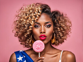 Beautiful young woman with a lollipop. Portrait, lush hairstyle, curly hair, bright plump red lips. There are large earrings in the ears. American style. US Independence Day card - obrazy, fototapety, plakaty