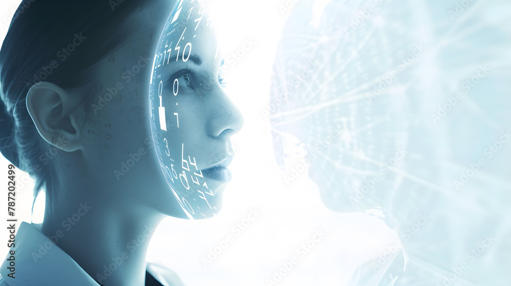 Poster Attractive businesswoman with robot face on white background Digital interface with binary code and head with virtual globe in the foreground Concept of artificial intelligence Copy sp : Generative AI