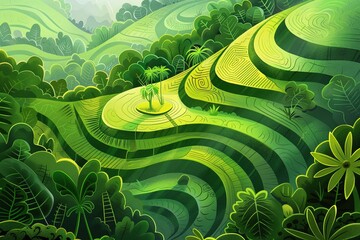 illustration of Balinese rice terrace with green field, top view - obrazy, fototapety, plakaty