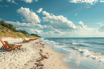 Immerse yourself in the tranquility of this professional shot capturing a serene European beach scene on a sunny summer day. Beachgoers relish in sunbathing - obrazy, fototapety, plakaty
