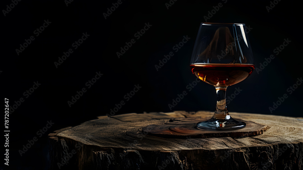 Poster snifter of brandy on a old wooden snag black background with copy space selective focus : generative