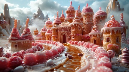 Children exploring a candy castle with chocolate rivers and gummy bear trees