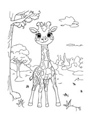 Simple and clean line art of a giraffe in the happy savannah on white background, vector.ai