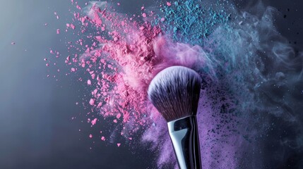 Makeup brush with a colorful powder explosion on a grey background, 