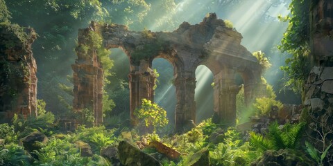 A dreamy image capturing the enchanting beauty of ruined arches in a sunlit, verdant forest