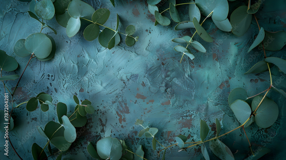 Poster Green eucalyptus leaves on stone table Frame made of eucalyptus branches Flat lay top view copy space : Generative AI