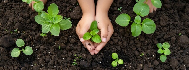 close-up of a child's hands planting plants in the ground - obrazy, fototapety, plakaty