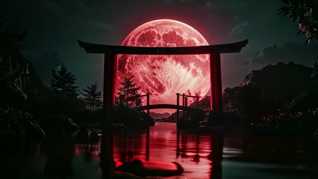Video animation of  serene night scene featuring a traditional Japanese torii gate silhouetted against a large, red moon