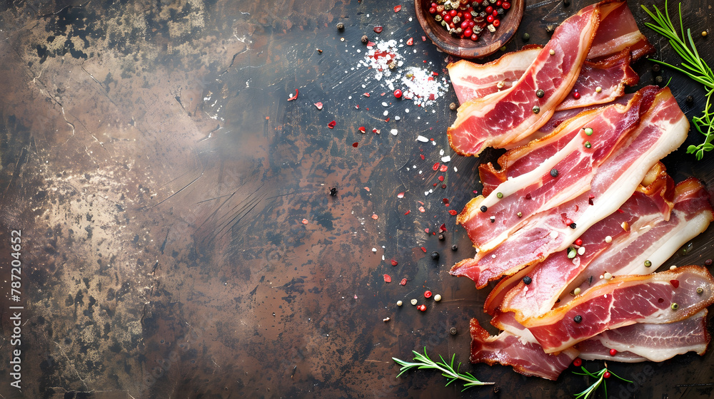 Poster bacon slice fresh meat strips pork cooking appetizer meal food snack on the table copy space food ba