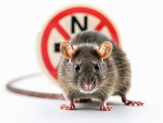rat on white background, prohibition sign in the background. concept of rat extermination 
