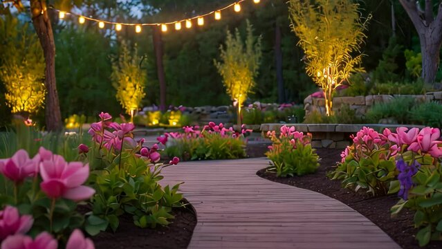 Video animation of winding wooden pathway leading through a lush garden. It&rsquo;s dusk, and the sky is painted with soft hues of the setting sun