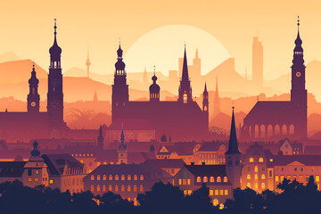 Munich flat vector skyline illustration - obrazy, fototapety, plakaty