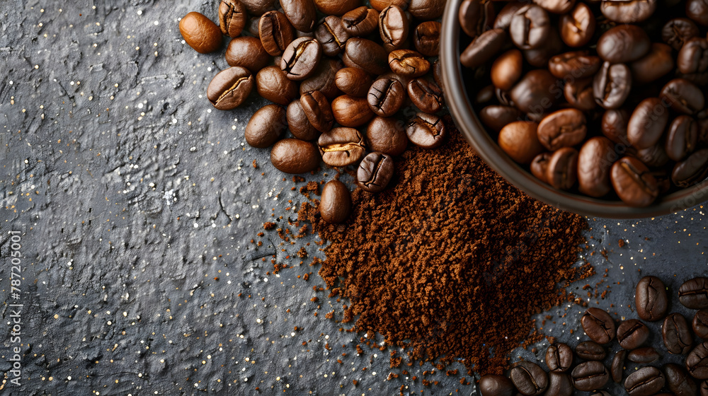 Poster roasted coffee beans and ground coffee on gray background copy space directly above : generative ai