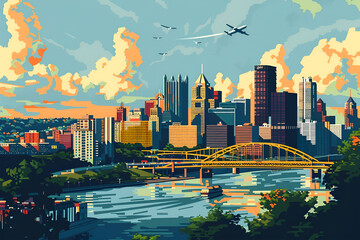 Pittsburgh, United States. Flat vector skyline illustration retro