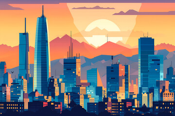Santiago, Chile. Flat vector skyline illustration of Chile's capital city. - obrazy, fototapety, plakaty
