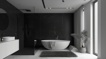 The bathroom continues the monochrome theme with a spacious walkin shower clad in smooth black marble tiles. The stark contrast is balanced by a white freestanding bathtub and a fluffy .