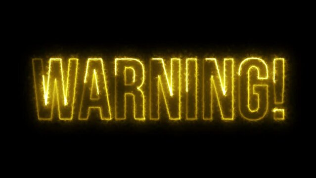 Warning Attention Yellow Electric Glow Neon Text Animation on Black Background. Modern Light Design. 4K UHD
