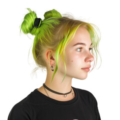 young teenager girl with green hair buns . Clipart PNG image . Transparent background . Generative AI