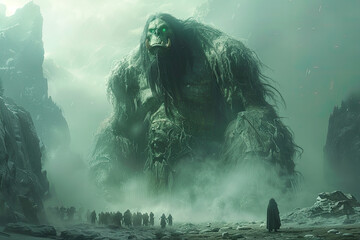 A huge ice giant with two heads and long hair stands on top of some mountains, surrounded by misty clouds. Created with Ai
