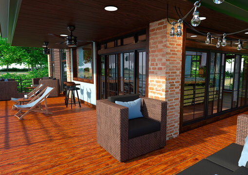 3D Rendering Lakeside House Terrace